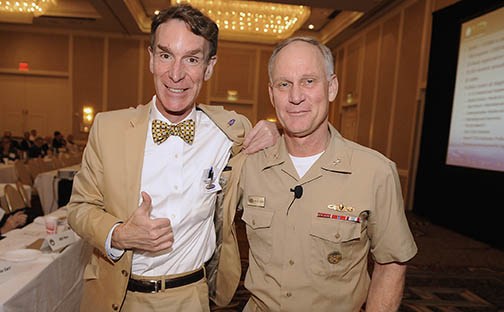 110505-N-PO203-205 ALEXANDRIA, Va. (May 5, 2011) Bill Nye, left, executive director of The Planetary Society, and science educator, stands with the Chief of Naval Research Rear. Adm. Nevin Carr following the presentation of a powered by Naval Research pocket protector during the Navy Office of General Counsel Spring 2011 Conference. (U.S. Navy photo by John F. Williams/Released)